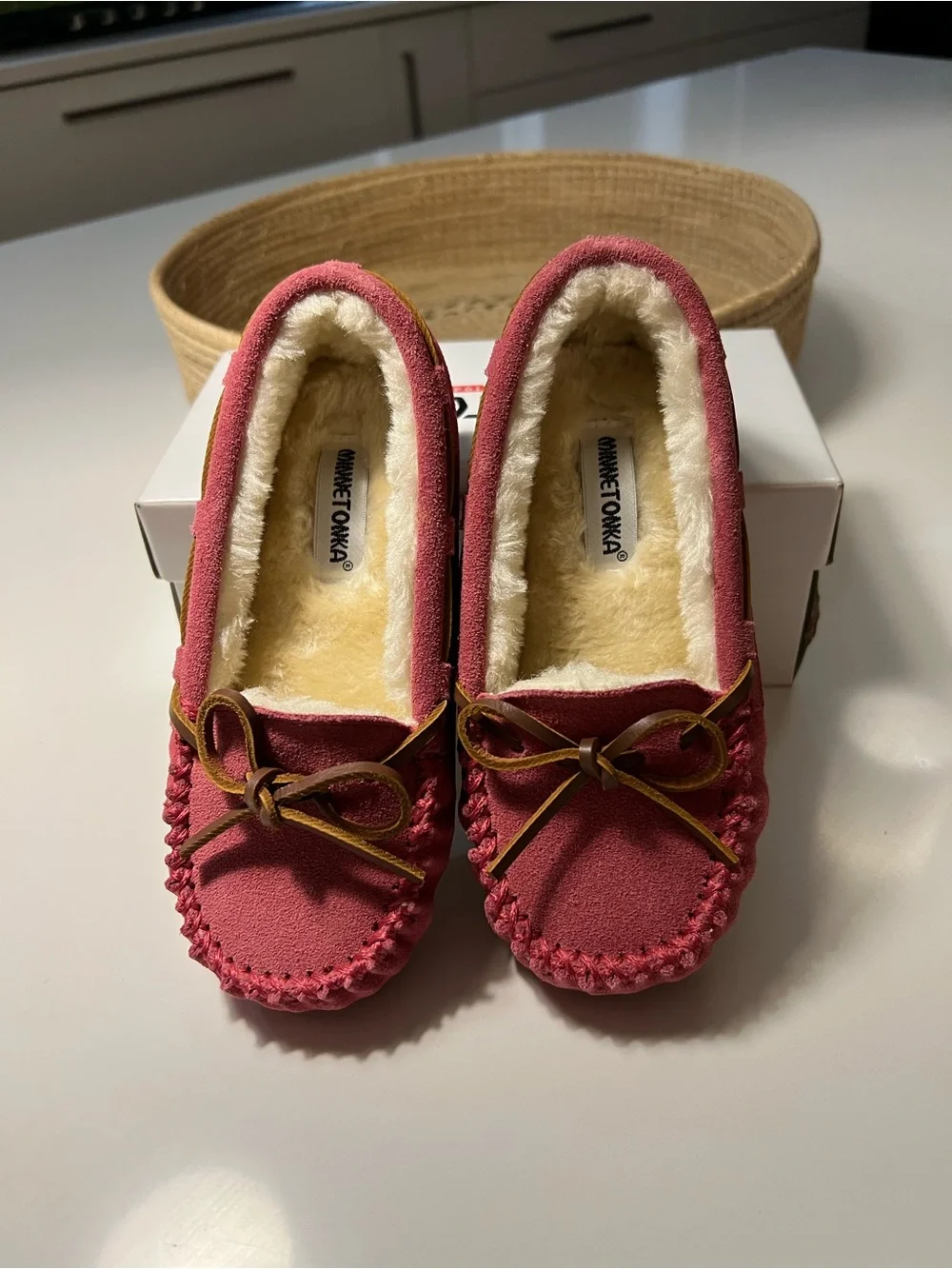 Minnetonka Pink Suede Fleece-Lined Moccasin Slippers